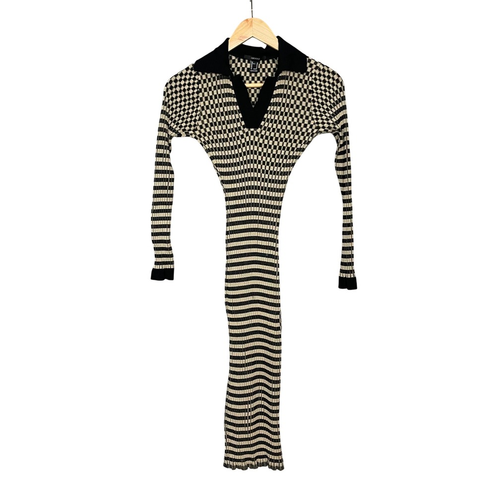 Forever 21 Checkered Dress Stretchy Tan Black Ribbed Knit Polo Midi Size Medium